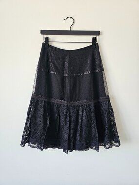 CLUB MONACO Black Lace Multi Layer Satin Trim A Line Lined Skirt 2